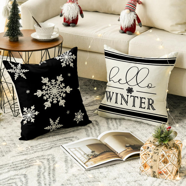 Merry Christmas Hello Winter Buffalo Plaid Snowflake Black and White Throw Pillow Cover