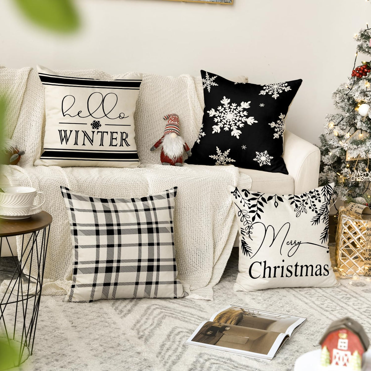 Merry Christmas Hello Winter Buffalo Plaid Snowflake Black and White Throw Pillow Cover