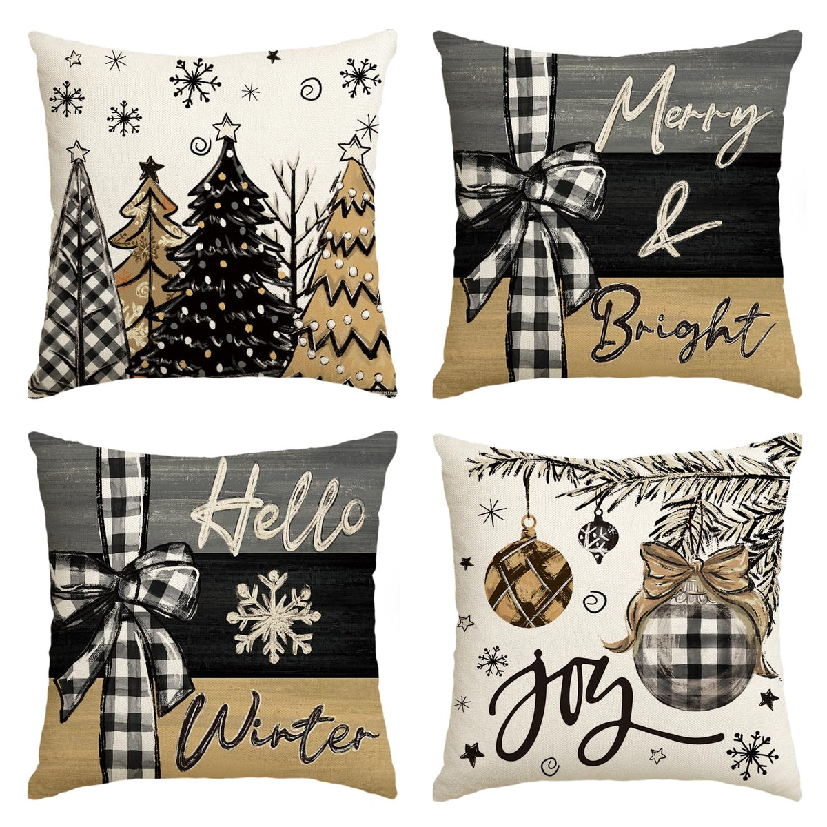 Merry Christmas Joy Xmas Trees Red Throw Pillow Covers, 18 x 18 Inch, Set of 4