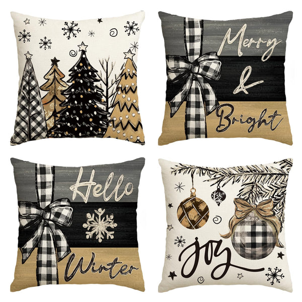 Merry Christmas Joy Xmas Trees Red Throw Pillow Covers, 18 x 18 Inch, Set of 4