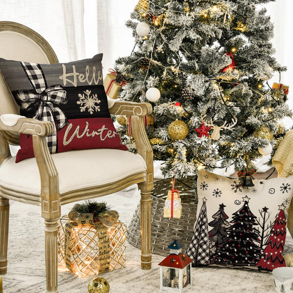 Merry Christmas Joy Xmas Trees Red Throw Pillow Covers, 18 x 18 Inch, Set of 4