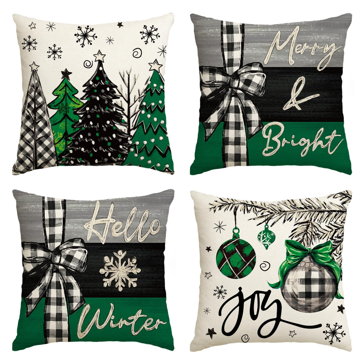 Merry Christmas Joy Xmas Trees Red Throw Pillow Covers, 18 x 18 Inch, Set of 4