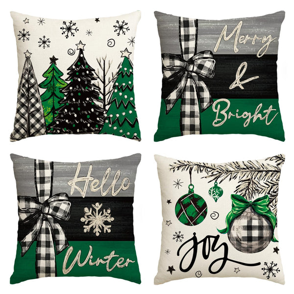 Merry Christmas Joy Xmas Trees Red Throw Pillow Covers, 18 x 18 Inch, Set of 4