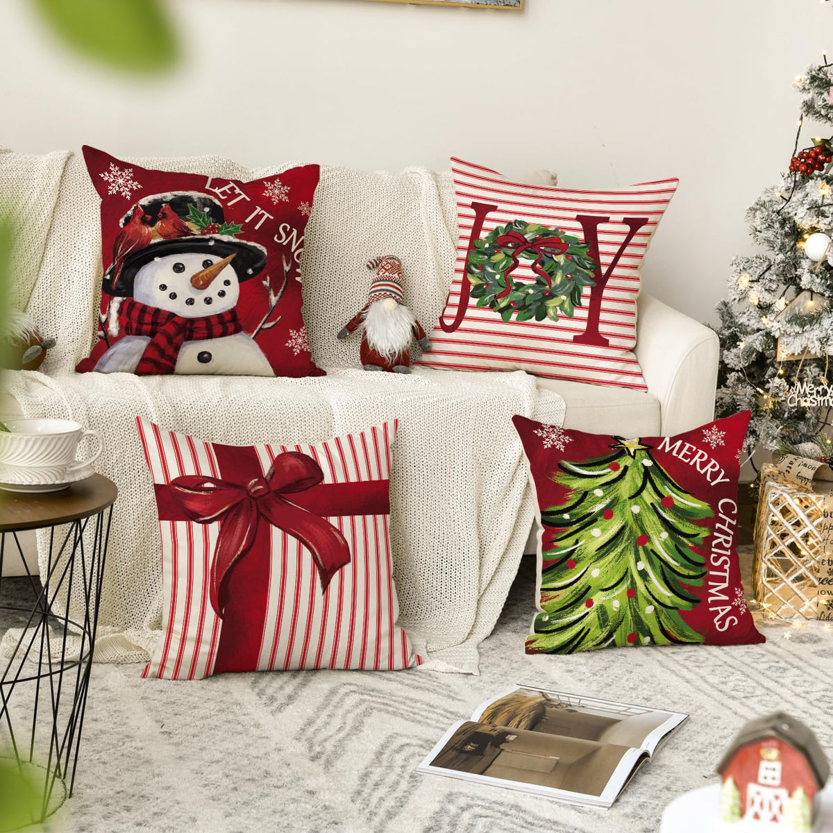 Soft Polyester Merry Christmas Let It Snow Joy Stripes Gift Box Red Throw Pillow Covers