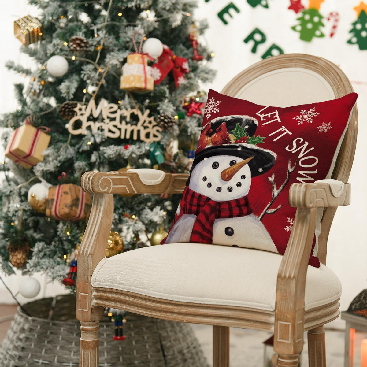 Merry Christmas Let It Snow Love Snowman Red Throw Pillow Covers, 18 x 18 Inch