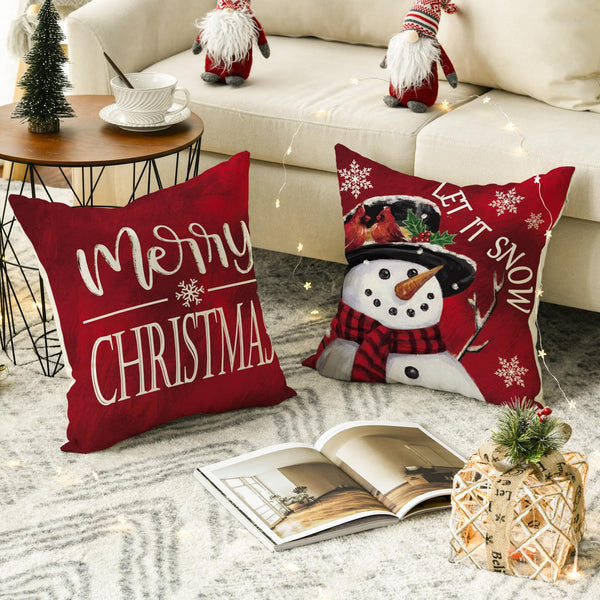 Merry Christmas Let It Snow Love Snowman Red Throw Pillow Covers, 18 x 18 Inch
