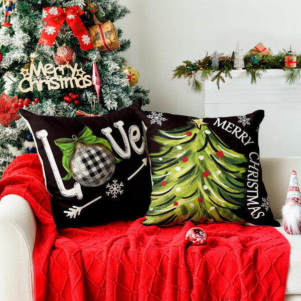 Merry Christmas Let It Snow Love Snowman Black Throw Pillow Covers, 18 x 18 Inch