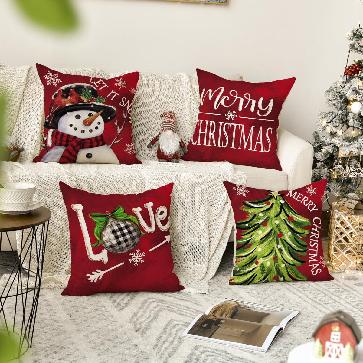 Merry Christmas Let It Snow Love Snowman Red Throw Pillow Covers, 18 x 18 Inch