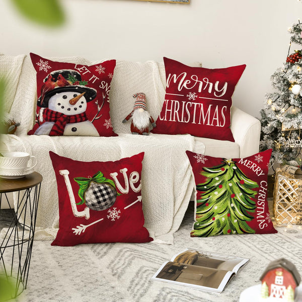 Merry Christmas Let It Snow Love Snowman Red Throw Pillow Covers, 18 x 18 Inch