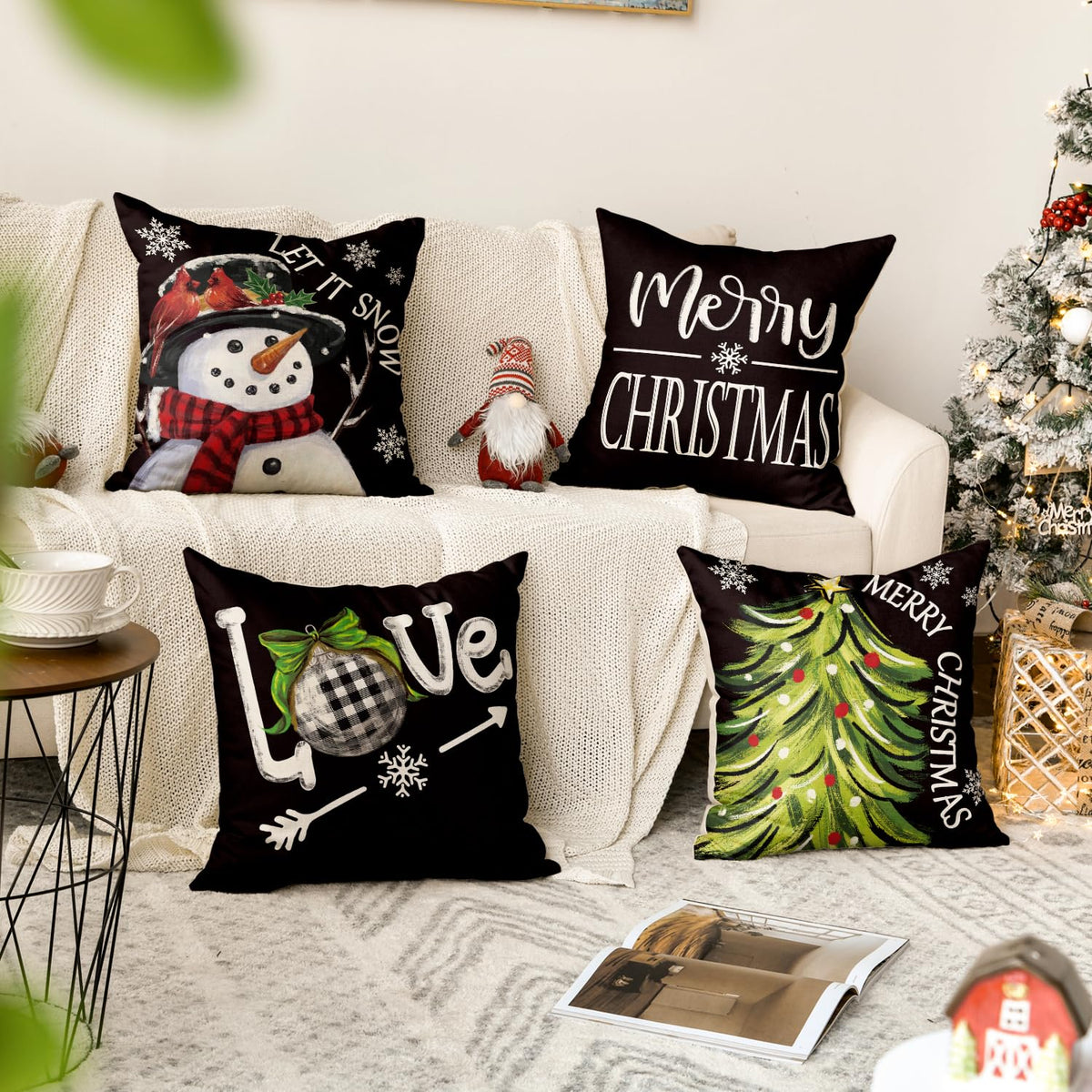 Merry Christmas Let It Snow Love Snowman Black Throw Pillow Covers, 18 x 18 Inch