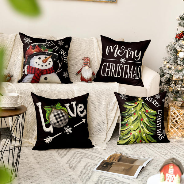Merry Christmas Let It Snow Love Snowman Black Throw Pillow Covers, 18 x 18 Inch