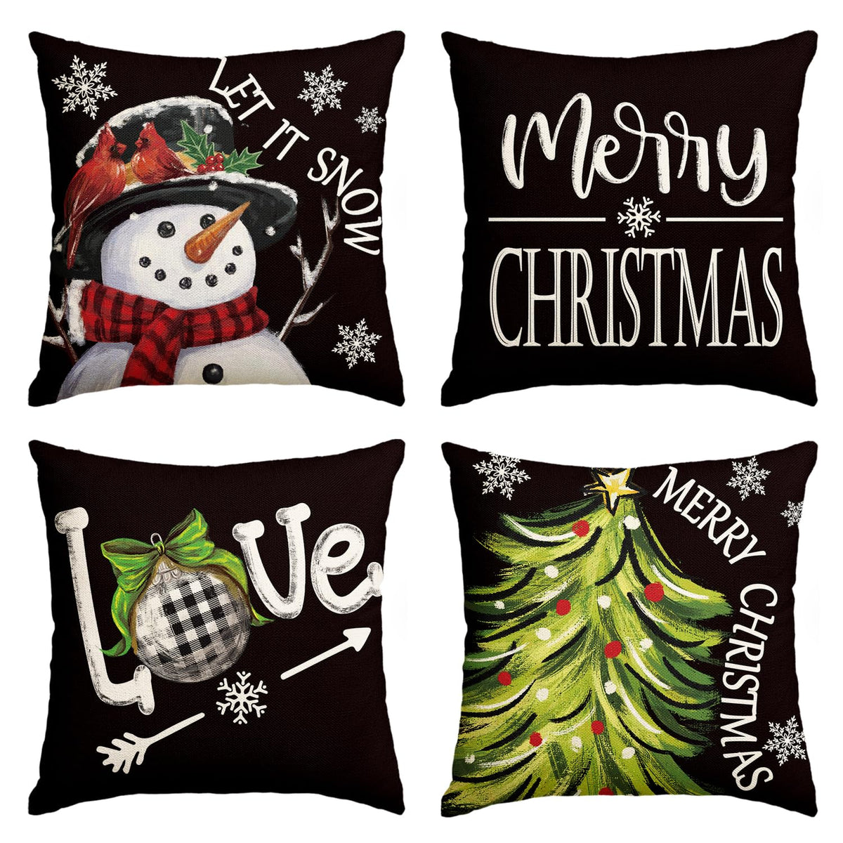 Merry Christmas Let It Snow Love Snowman Black Throw Pillow Covers, 18 x 18 Inch