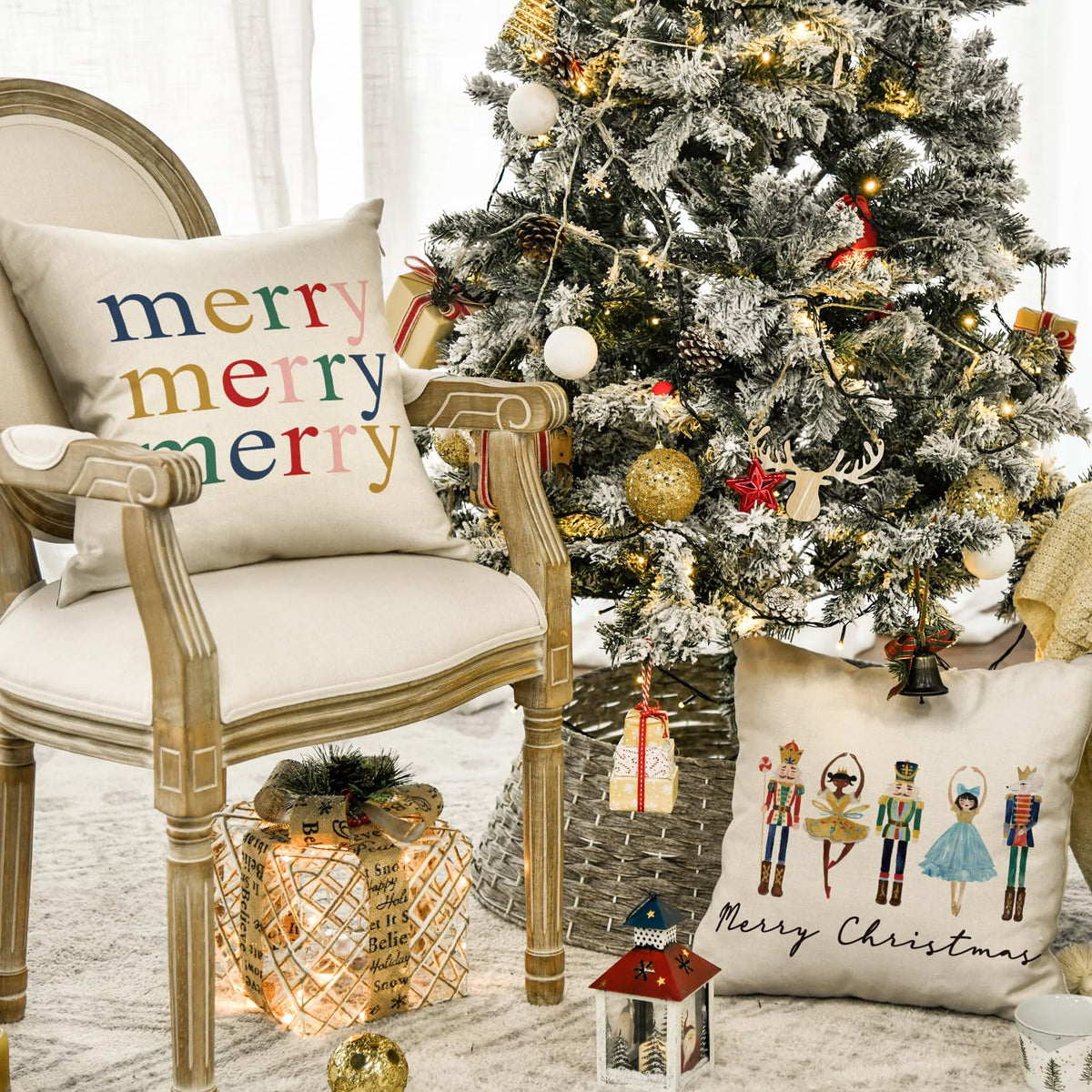 Merry Christmas Nutcracker Throw Pillow Covers, 18 x 18 Inch Winter Holiday Party Cushion Case