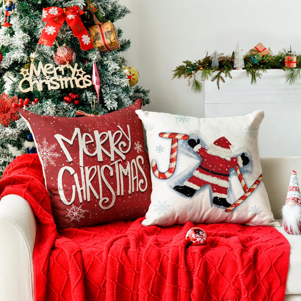 Merry Christmas Snowman Santa Claus Candy Cane Snowflake Throw Pillow Cover, 18 x 18 Inch