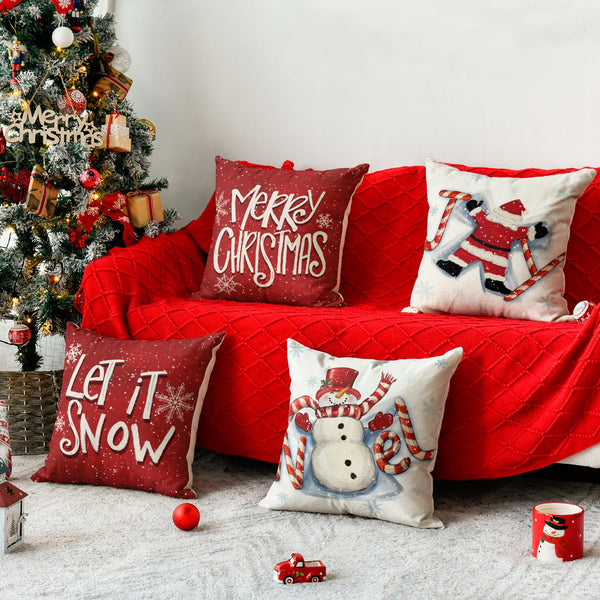 Merry Christmas Snowman Santa Claus Candy Cane Snowflake Throw Pillow Cover, 18 x 18 Inch