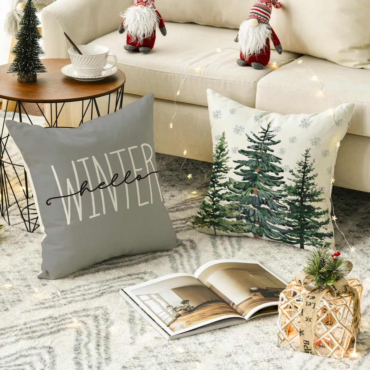 Merry Christmas Tree Hello Winter Throw Pillow Covers, 18 x 18 Inch Mistletoe Pine Spruce Holiday Cushion Case