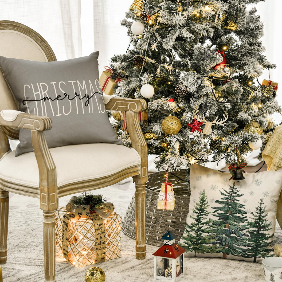 Merry Christmas Tree Hello Winter Throw Pillow Covers, 18 x 18 Inch Mistletoe Pine Spruce Holiday Cushion Case