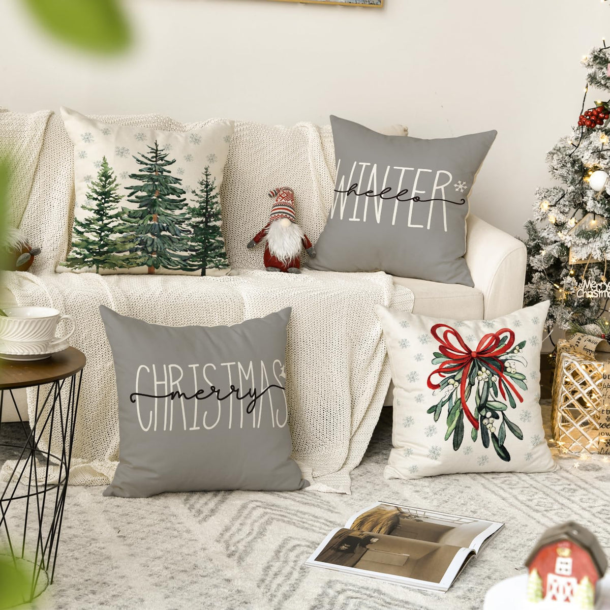 Merry Christmas Tree Hello Winter Throw Pillow Covers, 18 x 18 Inch Mistletoe Pine Spruce Holiday Cushion Case