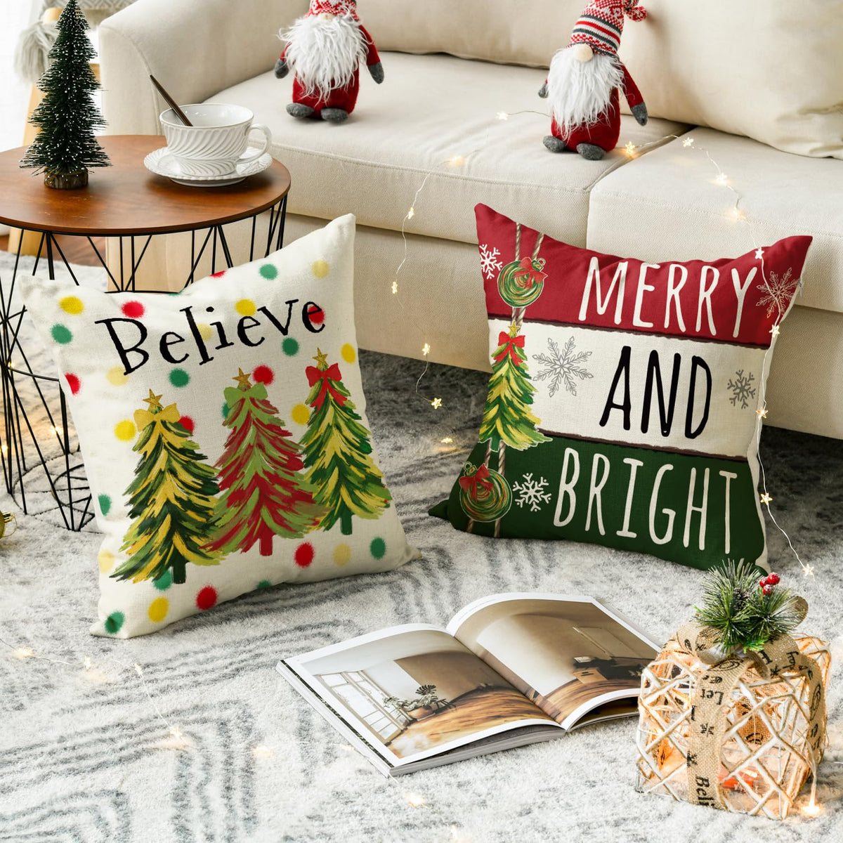 Merry Christmas Trees Balls Peace Joy Love Throw Pillow Covers, 18 x 18 Inch Merry and Bright Believe Red Green
