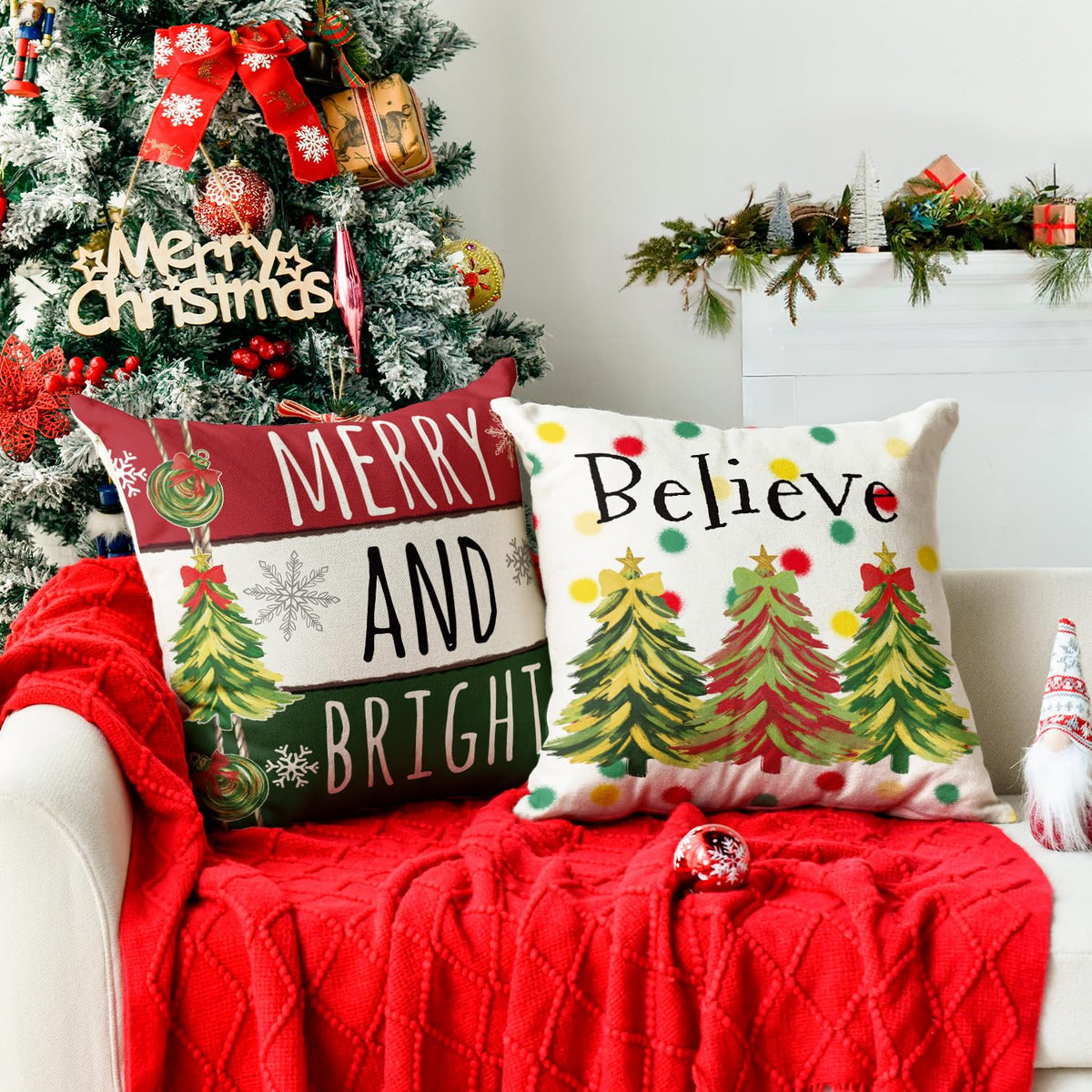 Merry Christmas Trees Balls Peace Joy Love Throw Pillow Covers, 18 x 18 Inch Merry and Bright Believe Red Green
