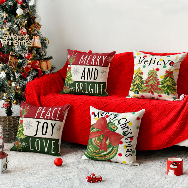 Merry Christmas Trees Balls Peace Joy Love Throw Pillow Covers, 18 x 18 Inch Merry and Bright Believe Red Green