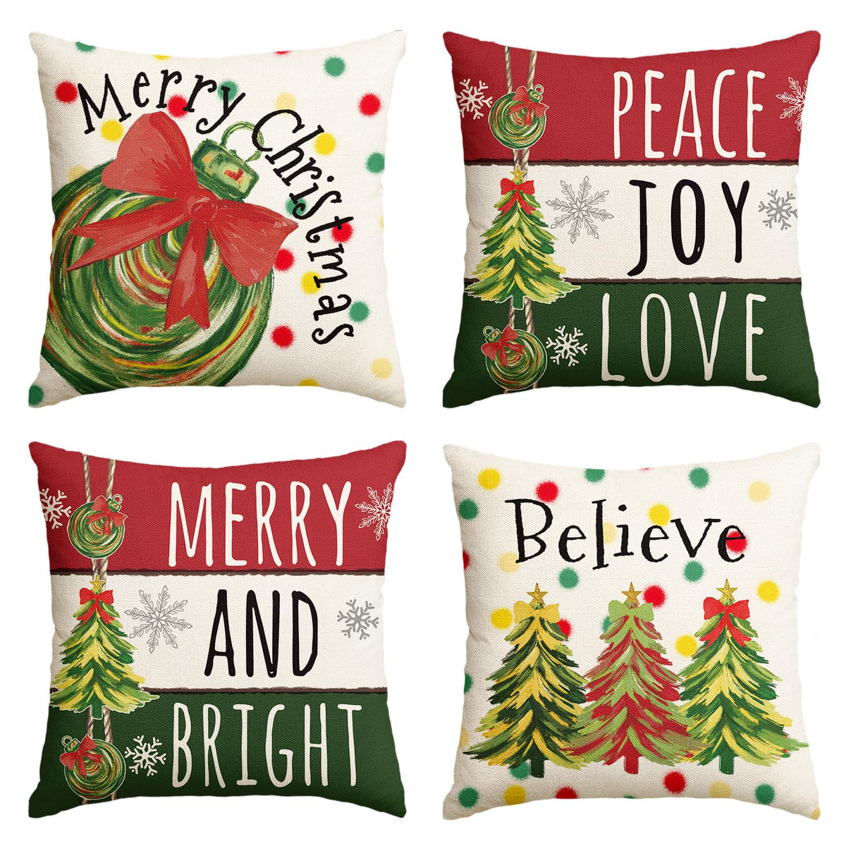 Merry Christmas Trees Balls Peace Joy Love Throw Pillow Covers, 18 x 18 Inch Merry and Bright Believe Red Green