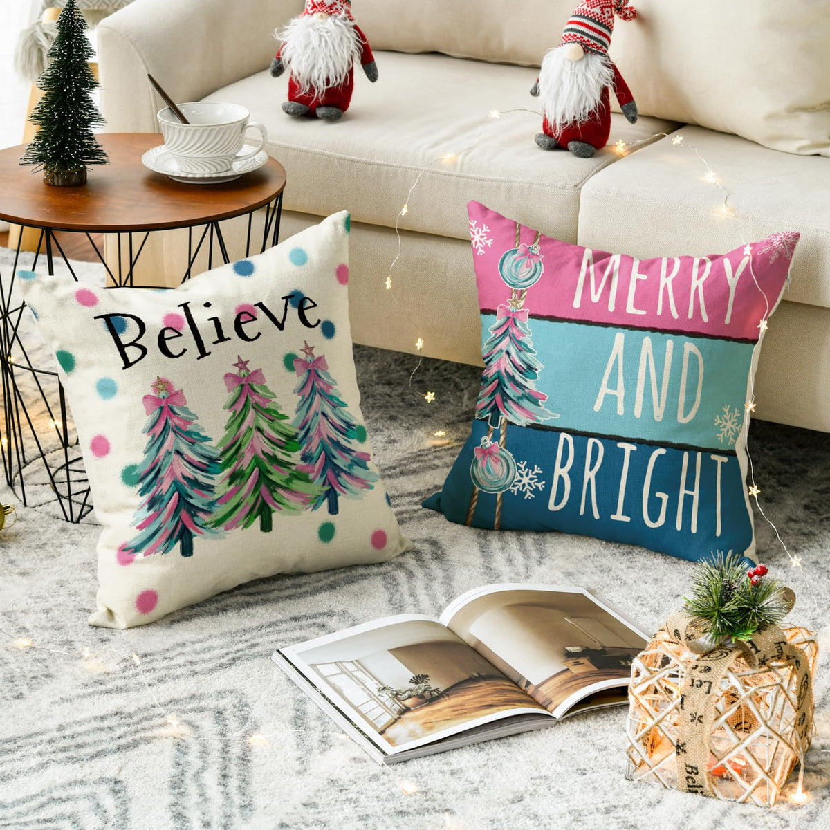 Merry Christmas Trees Balls Peace Joy Love Throw Pillow Covers, 18 x 18 Inch Merry and Bright Believe Pink Blue
