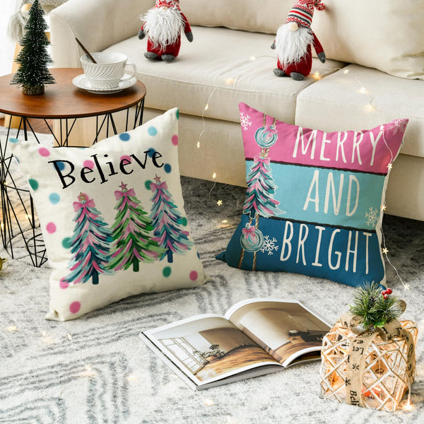 Merry Christmas Trees Balls Peace Joy Love Throw Pillow Covers, 18 x 18 Inch Merry and Bright Believe Pink Blue
