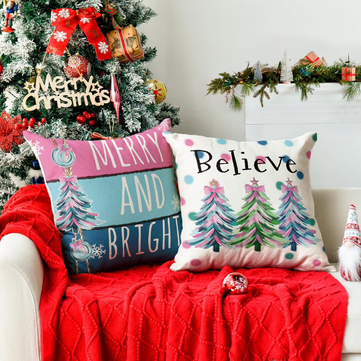 Merry Christmas Trees Balls Peace Joy Love Throw Pillow Covers, 18 x 18 Inch Merry and Bright Believe Pink Blue