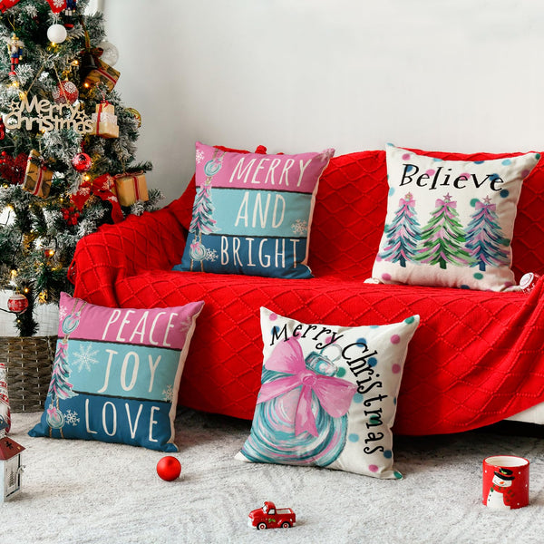 Merry Christmas Trees Balls Peace Joy Love Throw Pillow Covers, 18 x 18 Inch Merry and Bright Believe Pink Blue