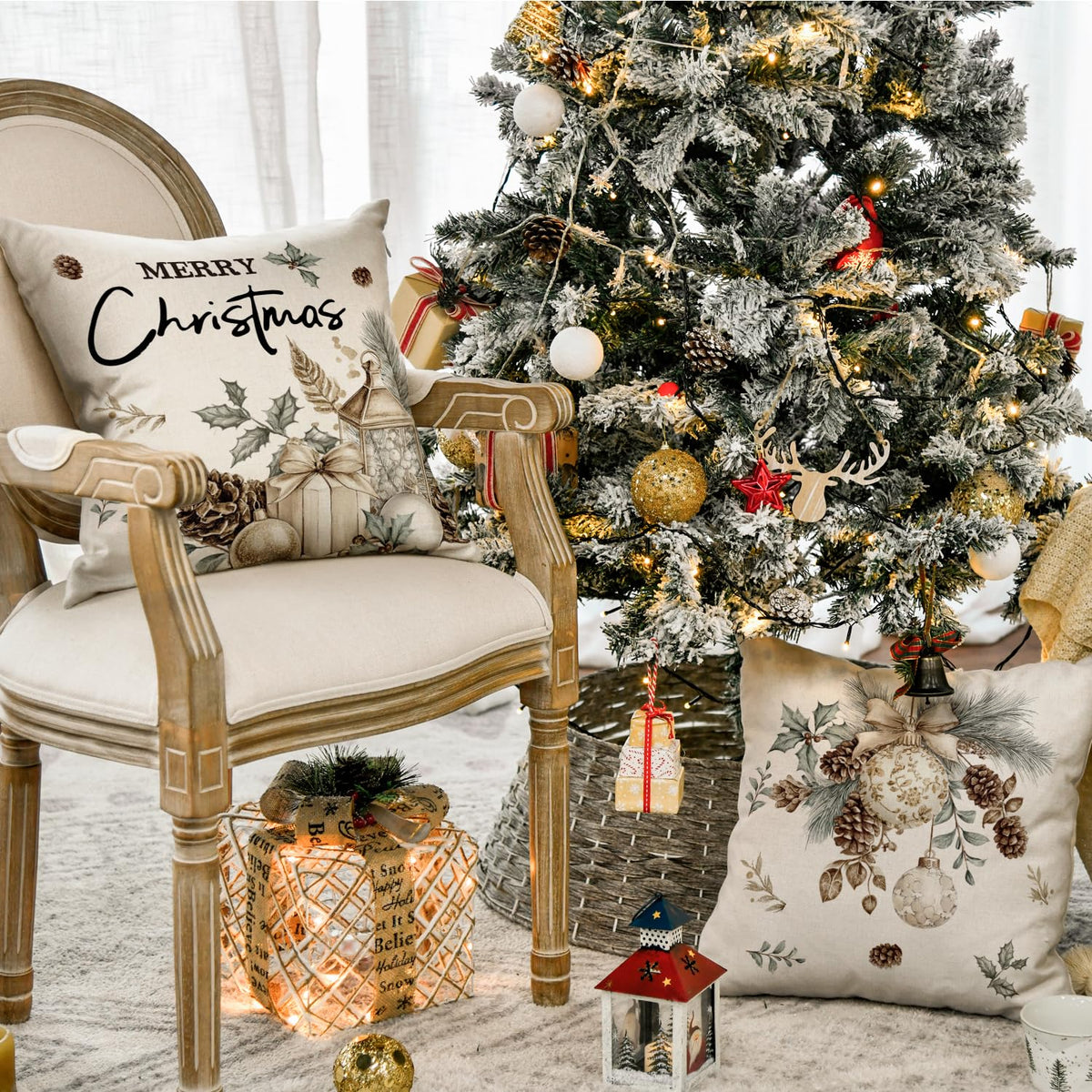 Merry Christmas Trees Pine Needle Pinecone Throw Pillow Covers, 18 x 18 Inch Xmas Balls Hello Winter