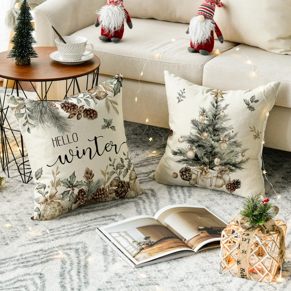 Merry Christmas Trees Pine Needle Pinecone Throw Pillow Covers, 18 x 18 Inch Xmas Balls Hello Winter