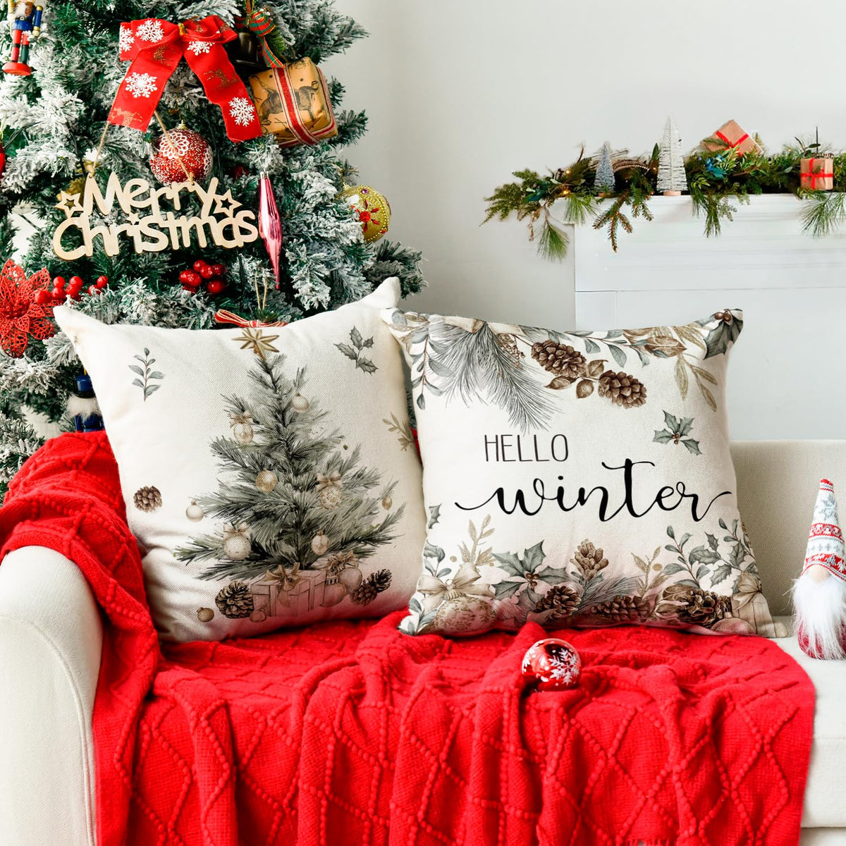 Merry Christmas Trees Pine Needle Pinecone Throw Pillow Covers, 18 x 18 Inch Xmas Balls Hello Winter
