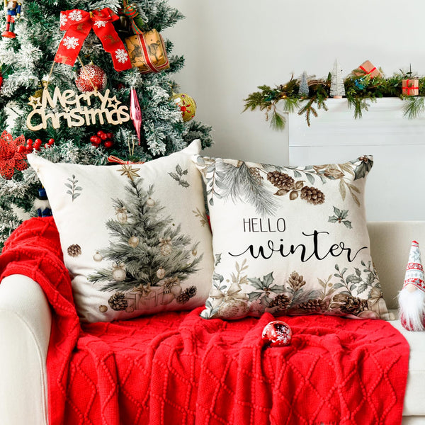 Merry Christmas Trees Pine Needle Pinecone Throw Pillow Covers, 18 x 18 Inch Xmas Balls Hello Winter