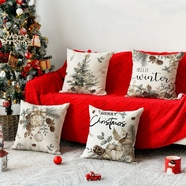 Merry Christmas Trees Pine Needle Pinecone Throw Pillow Covers, 18 x 18 Inch Xmas Balls Hello Winter