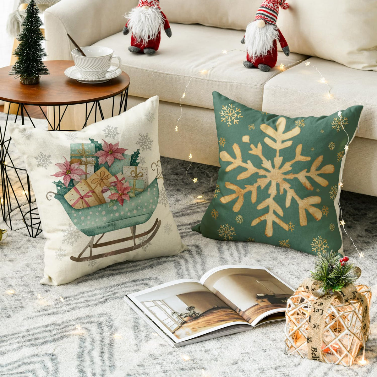 Merry Christmas Trees Reindeer Snowflake Throw Pillow Covers, 18 x 18 Inch Sleigh