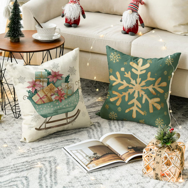 Merry Christmas Trees Reindeer Snowflake Throw Pillow Covers, 18 x 18 Inch Sleigh