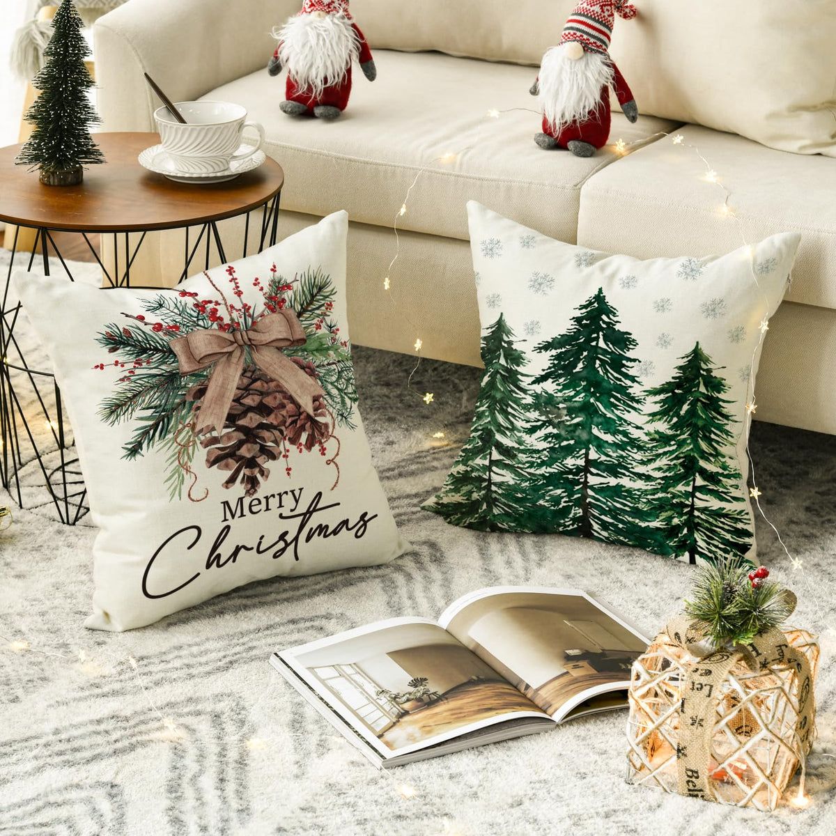 Set of 4 Merry Christmas Trees Reindeer Snowflake Throw Pillow Covers, 18 x 18 Inch Xmas Red Berries Hello Winter