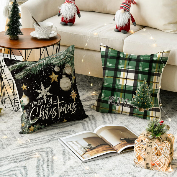 Merry Christmas Trees Snowflake Star Throw Pillow Covers, 18 x 18 Inch Xmas Balls Green Polka Dot Plaid