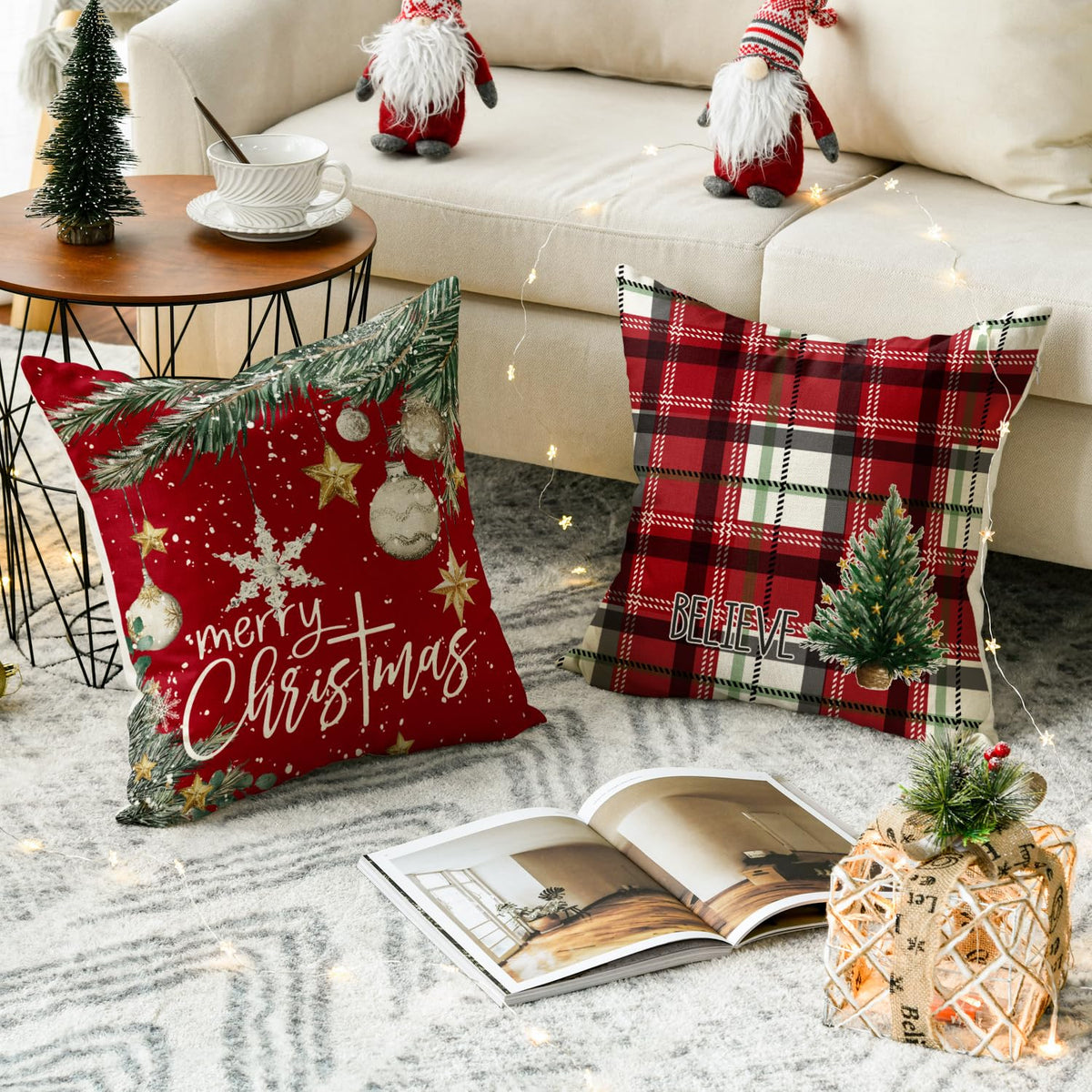 Merry Christmas Trees Snowflake Star Throw Pillow Covers, 18 x 18 Inch Xmas Balls Red Polka Dot Plaid Seasonal Hello