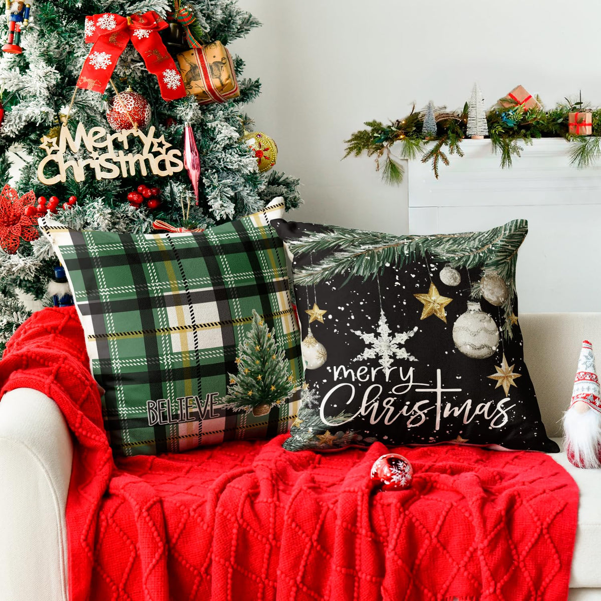 Merry Christmas Trees Snowflake Star Throw Pillow Covers, 18 x 18 Inch Xmas Balls Green Polka Dot Plaid