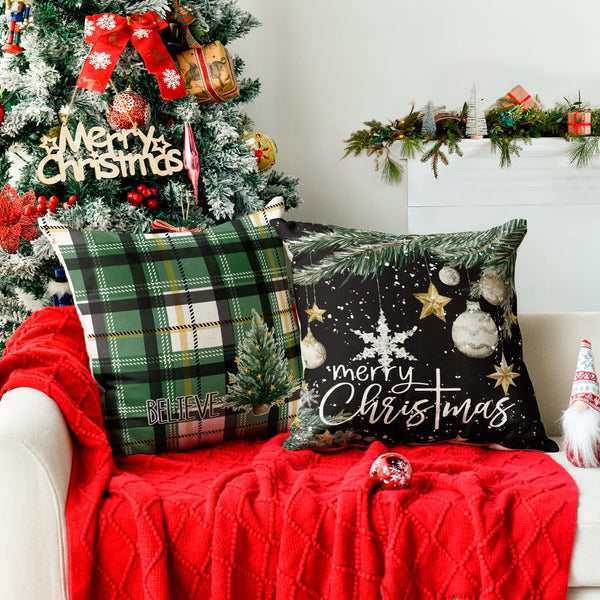Merry Christmas Trees Snowflake Star Throw Pillow Covers, 18 x 18 Inch Xmas Balls Green Polka Dot Plaid