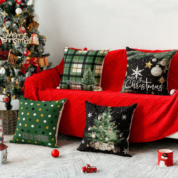 Merry Christmas Trees Snowflake Star Throw Pillow Covers, 18 x 18 Inch Xmas Balls Green Polka Dot Plaid
