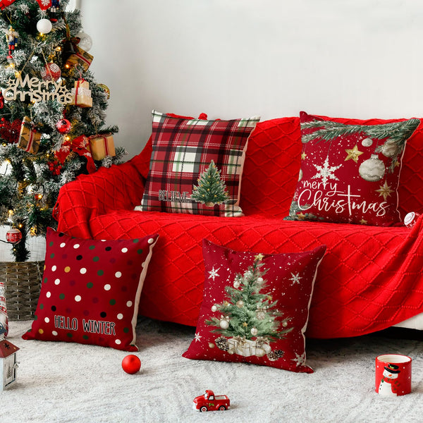 Merry Christmas Trees Snowflake Star Throw Pillow Covers, 18 x 18 Inch Xmas Balls Red Polka Dot Plaid Seasonal Hello