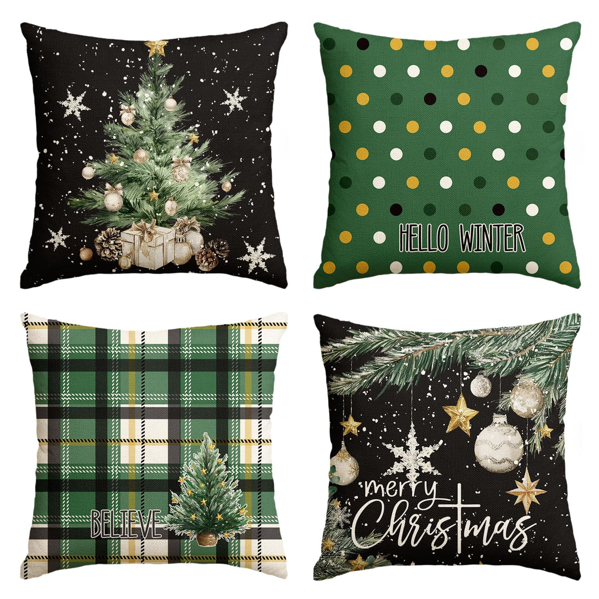 Merry Christmas Trees Snowflake Star Throw Pillow Covers, 18 x 18 Inch Xmas Balls Green Polka Dot Plaid