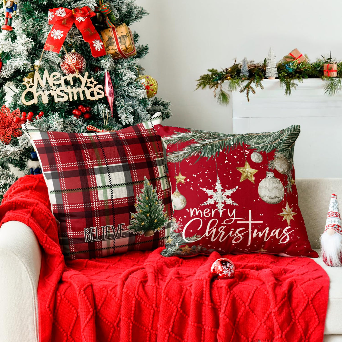 Merry Christmas Trees Snowflake Star Throw Pillow Covers, 18 x 18 Inch Xmas Balls Red Polka Dot Plaid Seasonal Hello Winter