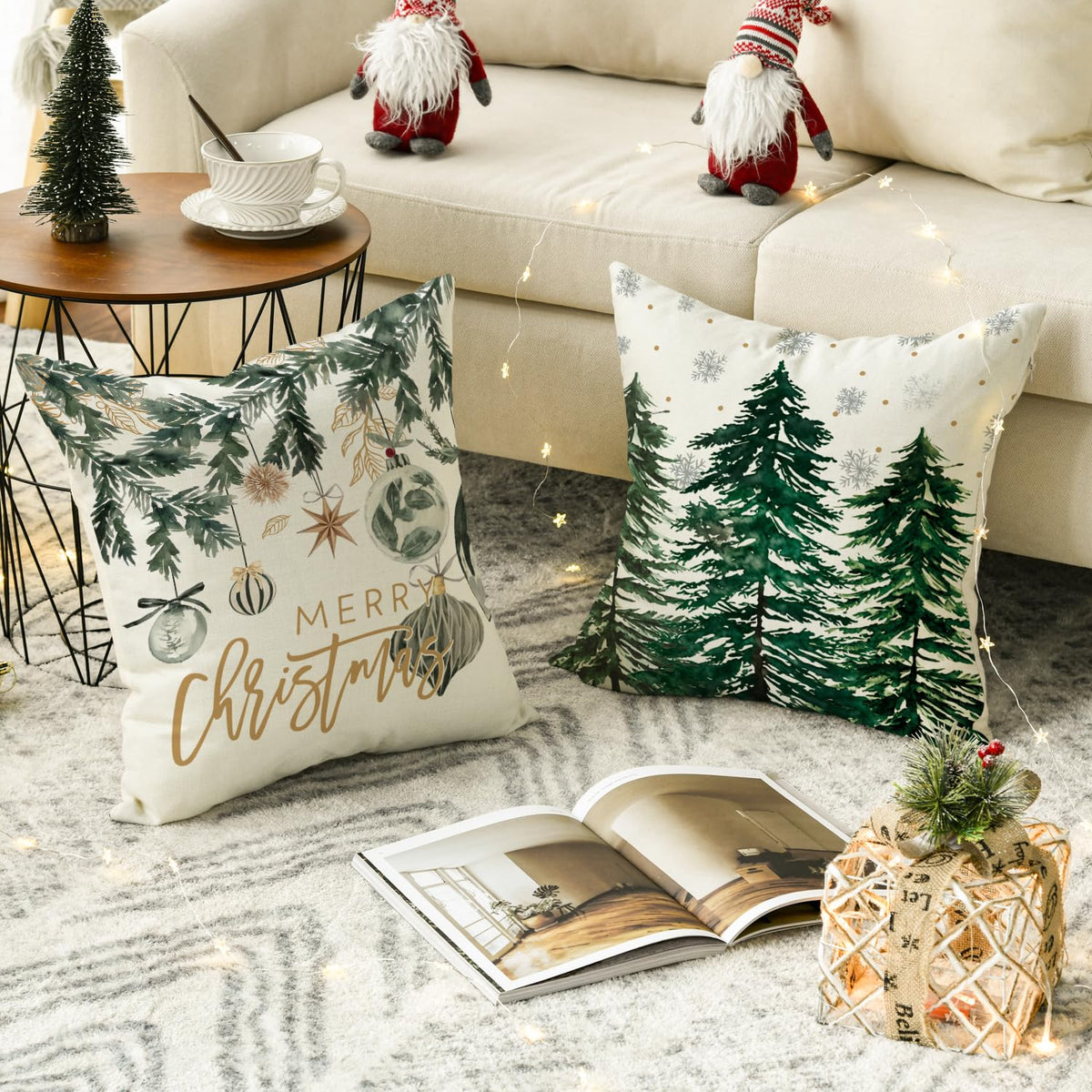 Set of 4 Merry Christmas Trees Snowflake Throw Pillow Covers, 18 x 18 Inch Joy Xmas Balls Winter Holiday Cushion Case