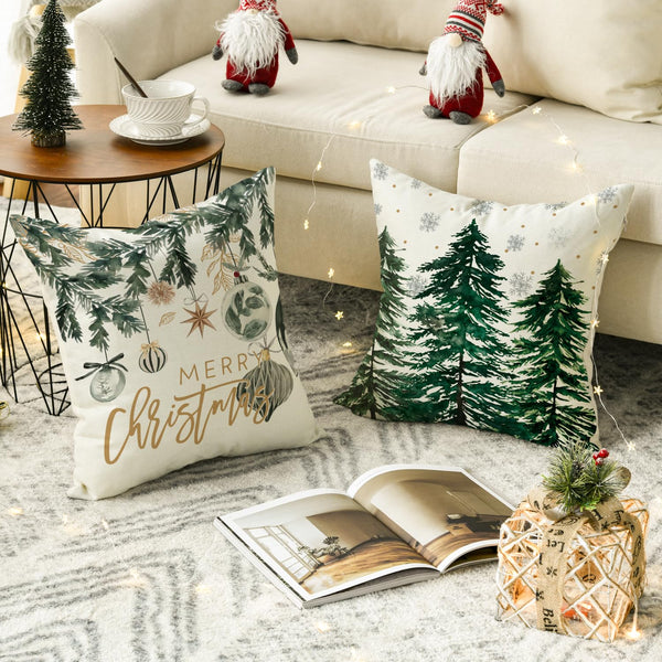 Set of 4 Merry Christmas Trees Snowflake Throw Pillow Covers, 18 x 18 Inch Joy Xmas Balls Winter Holiday Cushion Case