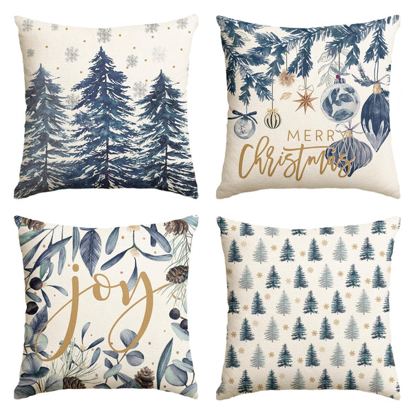 Set of 4 Blue Merry Christmas Trees Snowflake Throw Pillow Covers, 18 x 18 Inch