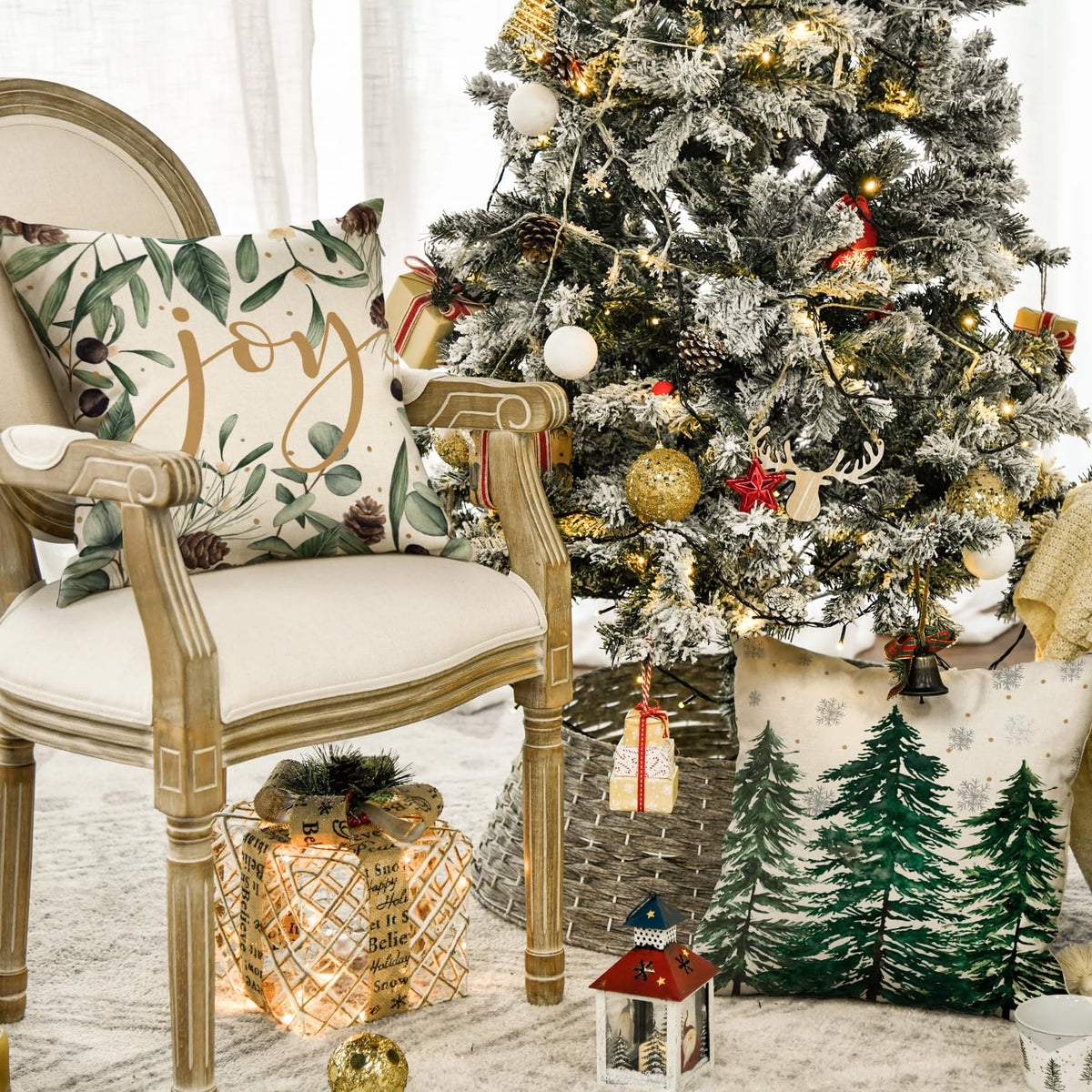Set of 4 Merry Christmas Trees Snowflake Throw Pillow Covers, 18 x 18 Inch Joy Xmas Balls Winter Holiday Cushion Case